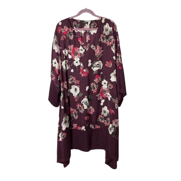 Lane Bryant Dresses & Skirts - Lane Bryant Floral Dress Sz 24 Maroon Wine Loose Fit Shark Hem V‎ Neck Classic